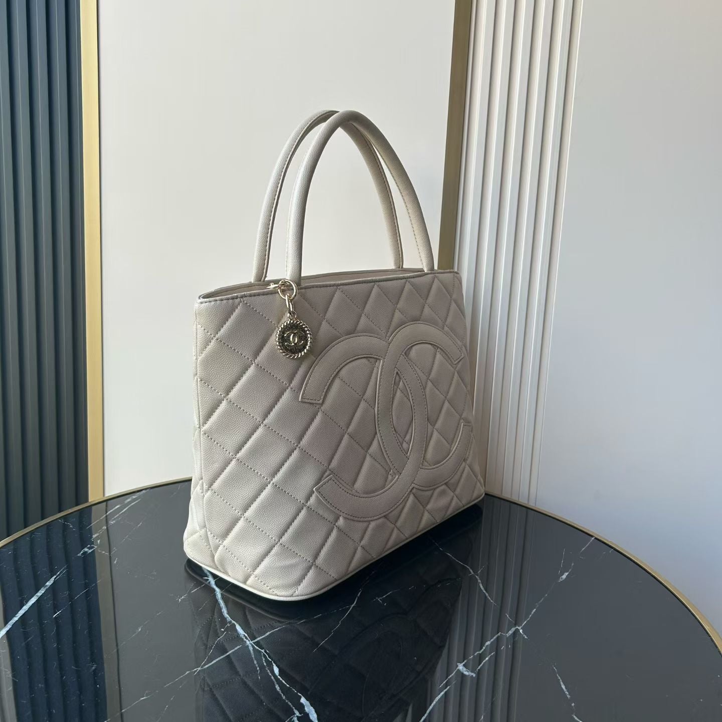 Chanel 2026 Medallion Tote Bag 30cm Light Grey Caviar Cowhide