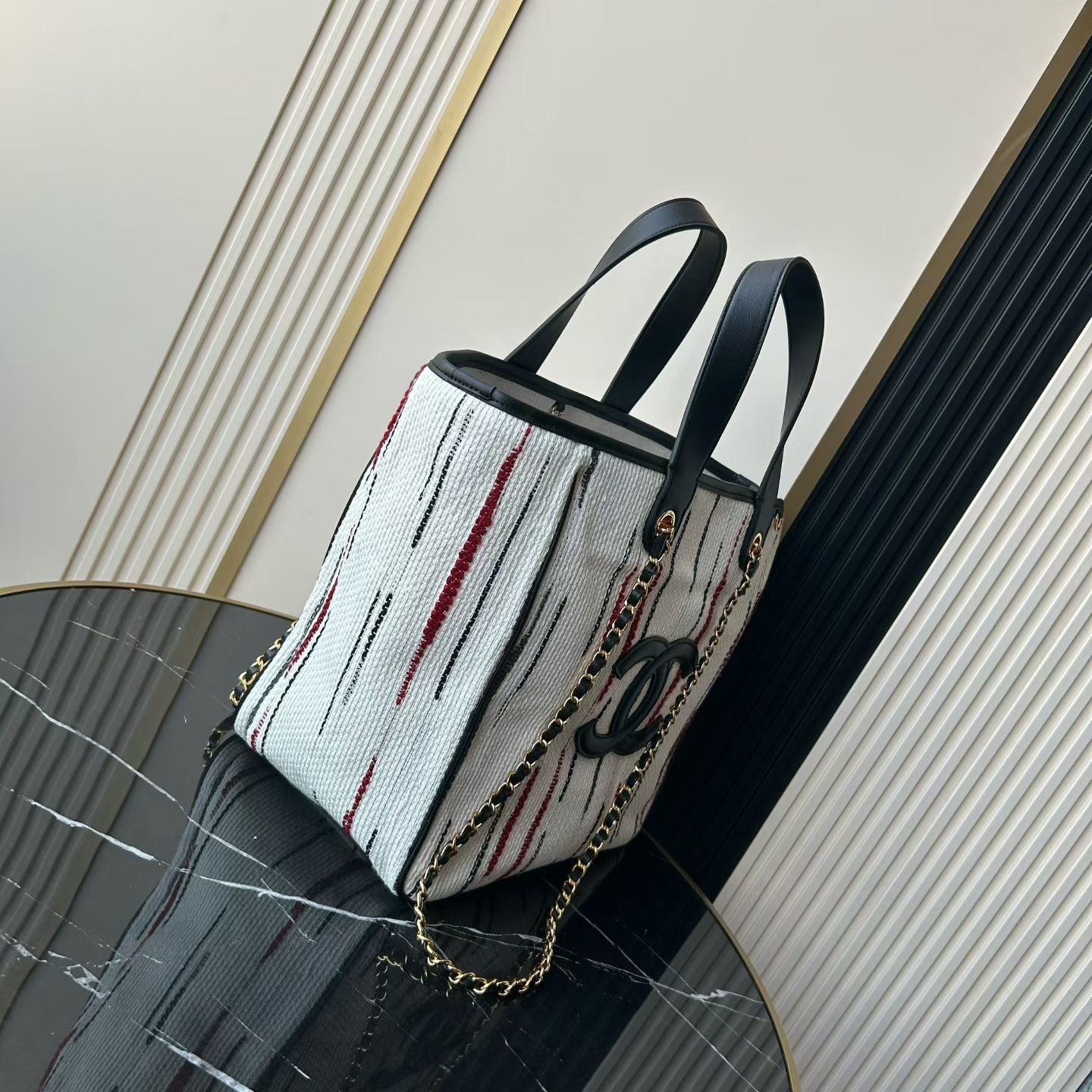 Chanel 2026 Double C Tote Bag 36cm Black White Canvas Leather