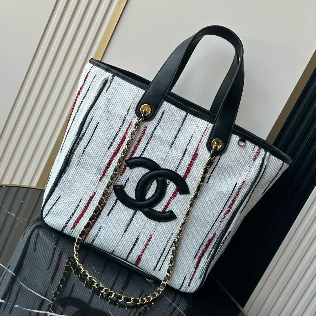 Chanel 2026 Double C Tote Bag 36cm Black White Canvas Leather