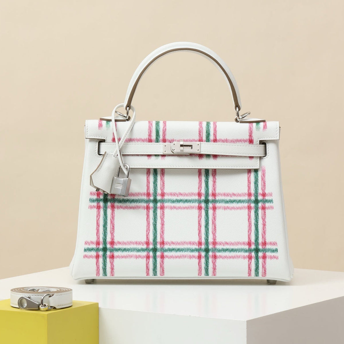 High-end Hermes 2026 Retourne Tartan Kelly Bag 25cm Swift Calfskin