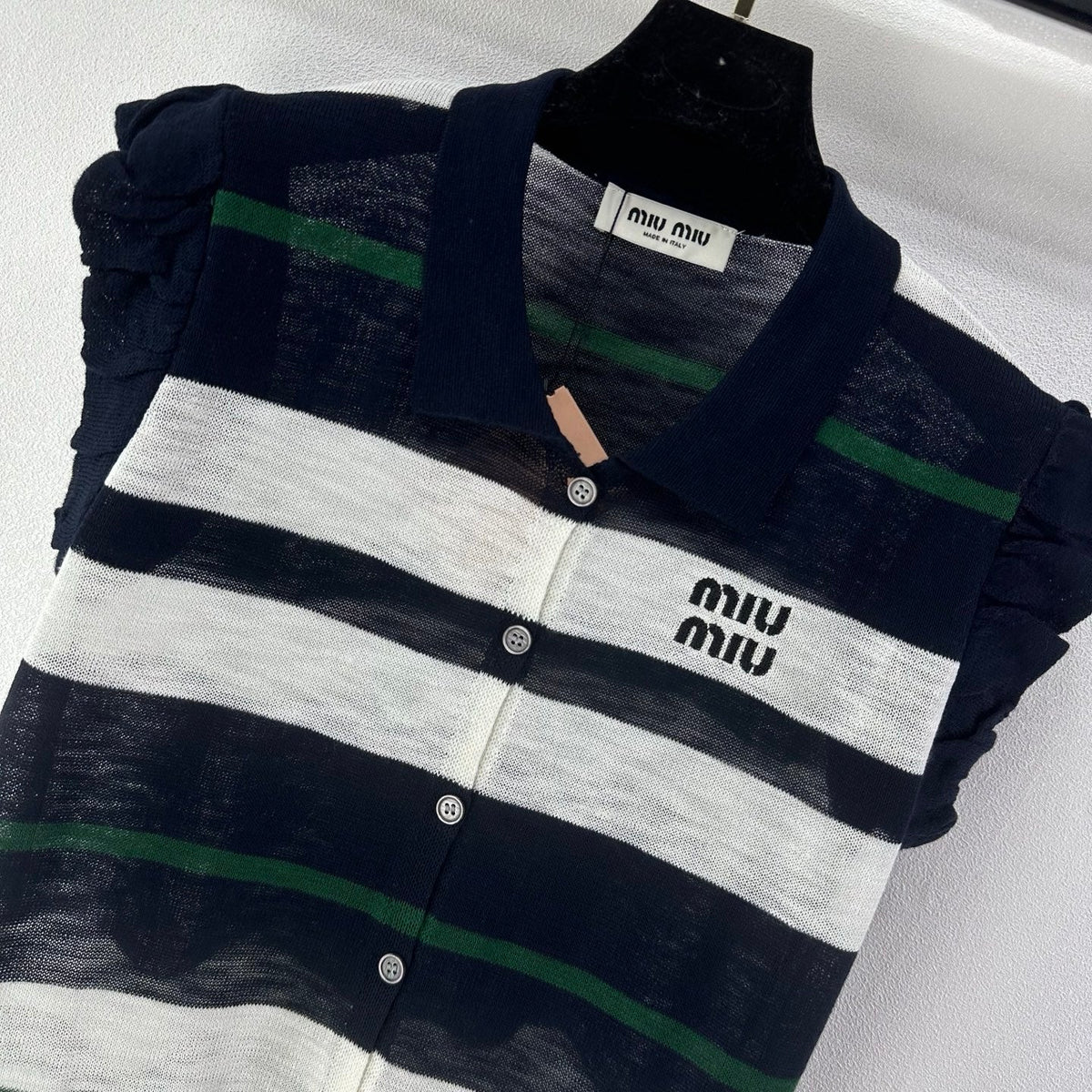 Miumiu 2026 Striped Polo Shirt Navy Blue Cotton 395629