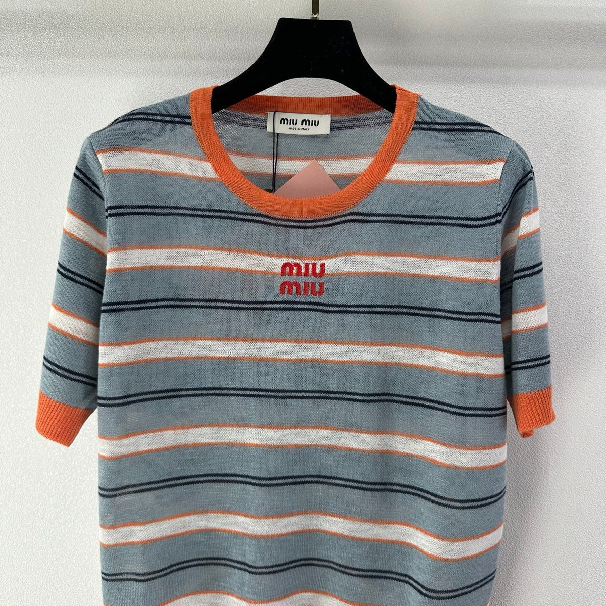 Miumiu 2026 Striped Knit Short-sleeved Top Blue-Grey mix Orange Cotton 395632