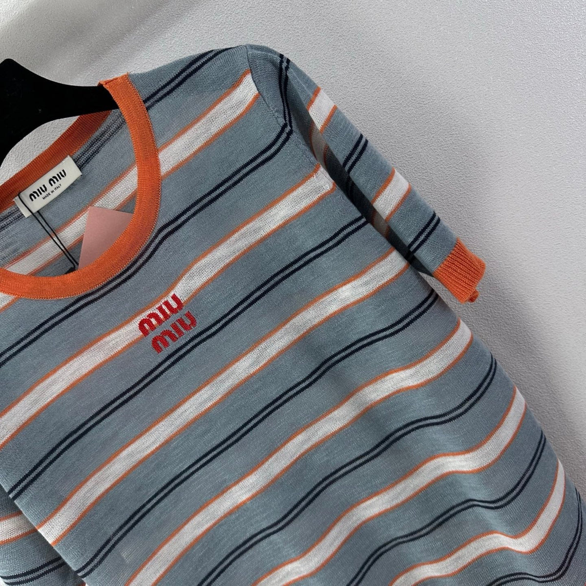Miumiu 2026 Striped Knit Short-sleeved Top Blue-Grey mix Orange Cotton 395632