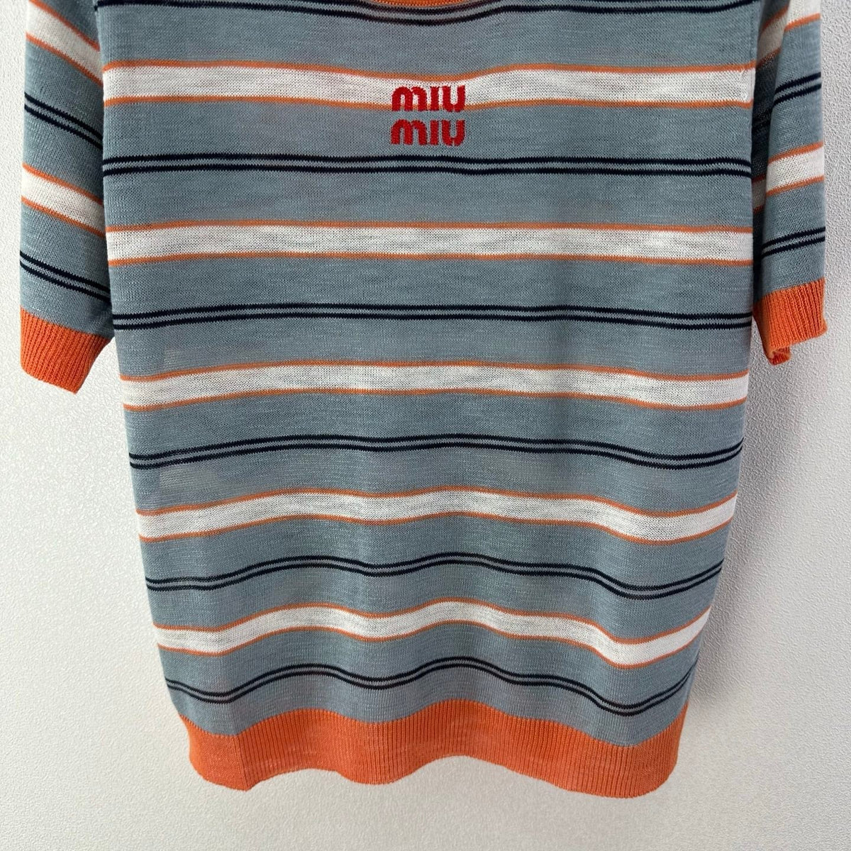Miumiu 2026 Striped Knit Short-sleeved Top Blue-Grey mix Orange Cotton 395632