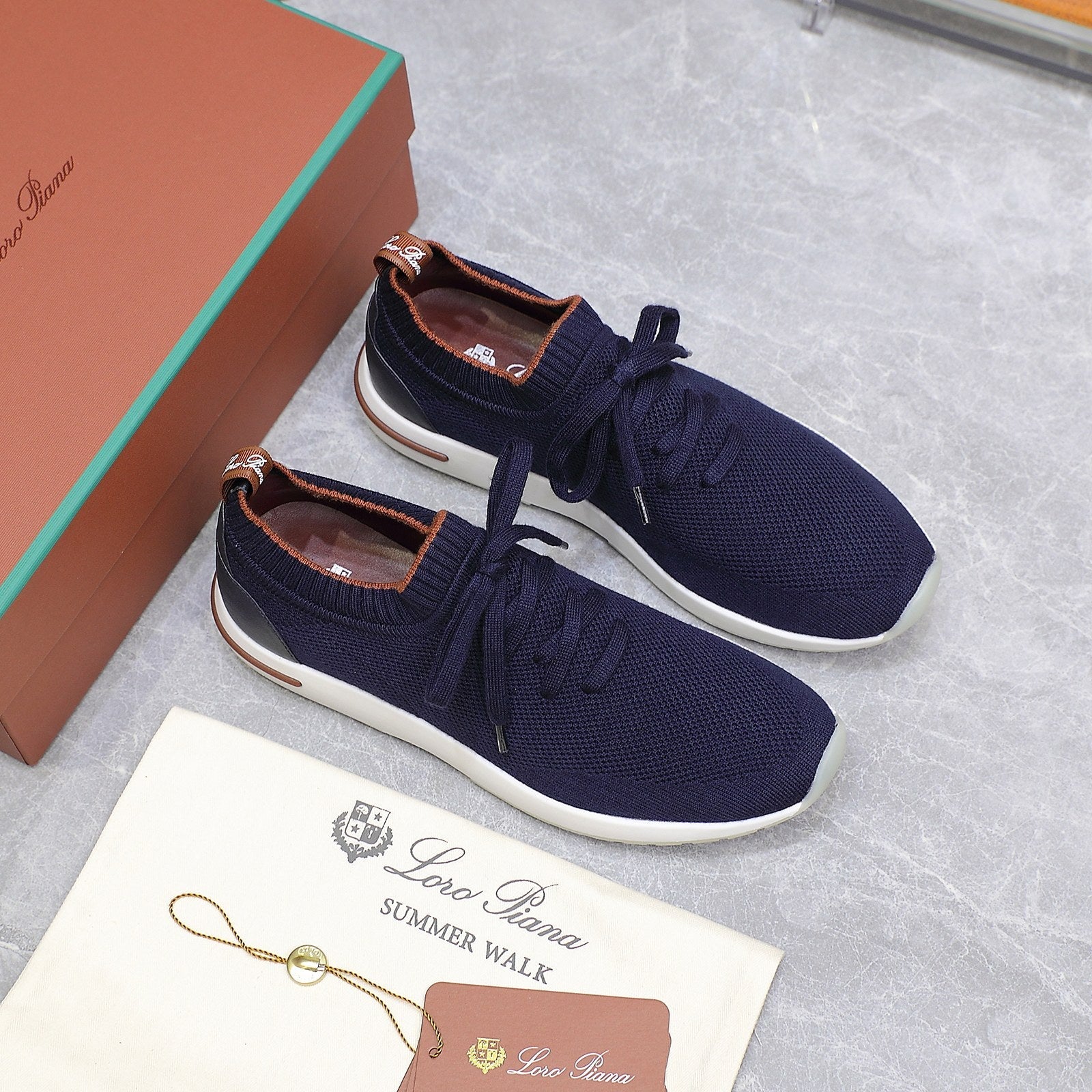 LP lady Flexy Walk Sneaker Navy Blue mix Orange Wool and  Calfskin 310450