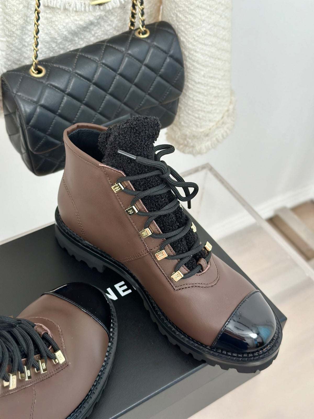 Chanel 2026 Lace-Up Combat Boots Brown Leather Wool 188626