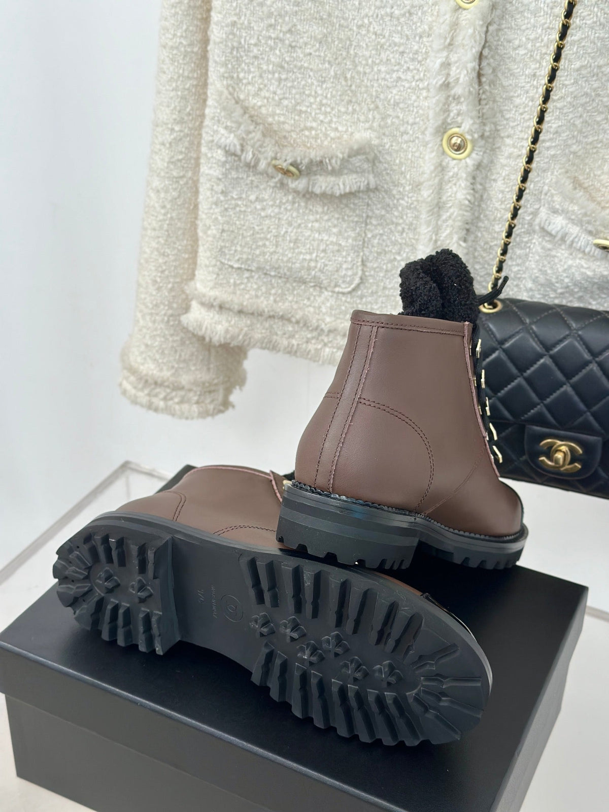 Chanel 2026 Lace-Up Combat Boots Brown Leather Wool 188626