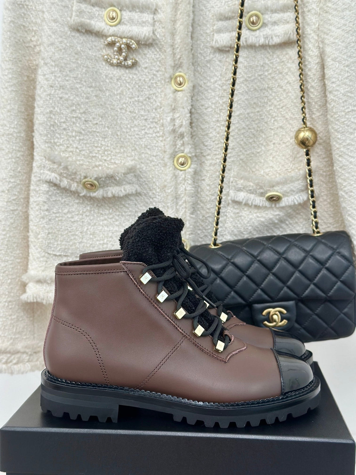 Chanel 2026 Lace-Up Combat Boots Brown Leather Wool 188626