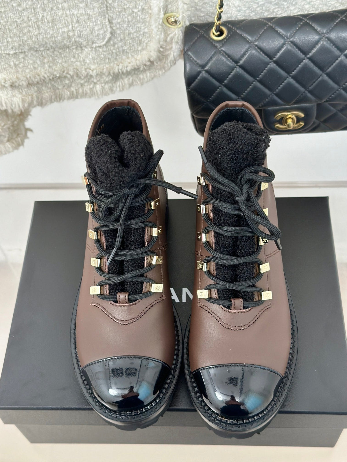 Chanel 2026 Lace-Up Combat Boots Brown Leather Wool 188626