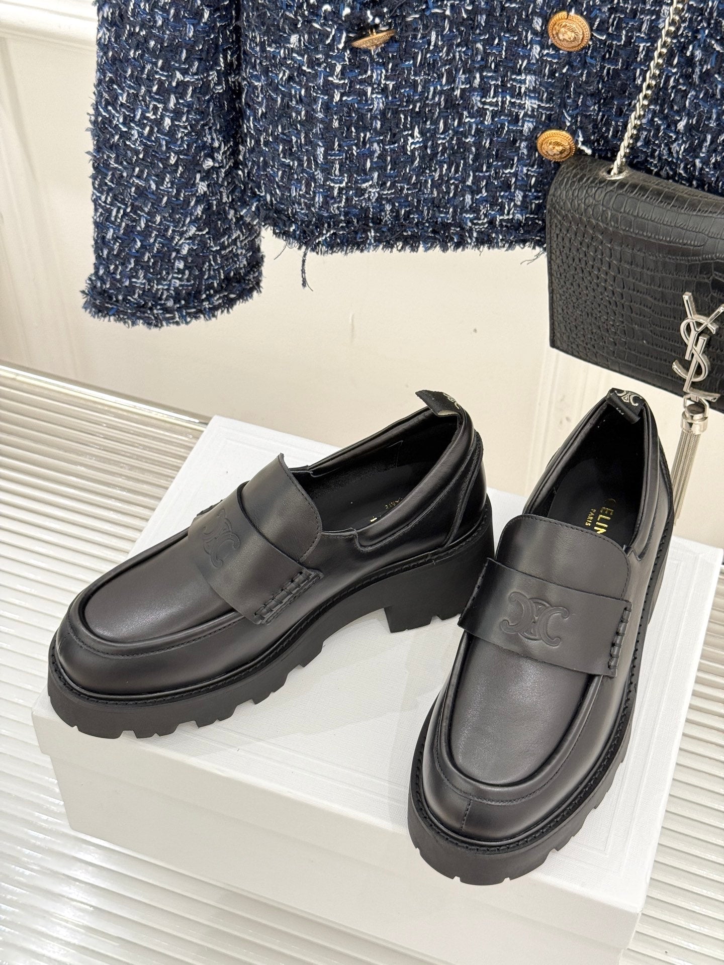 Celine 2026 Arc de Triomphe Platform Loafers Black Sheepskin 474608