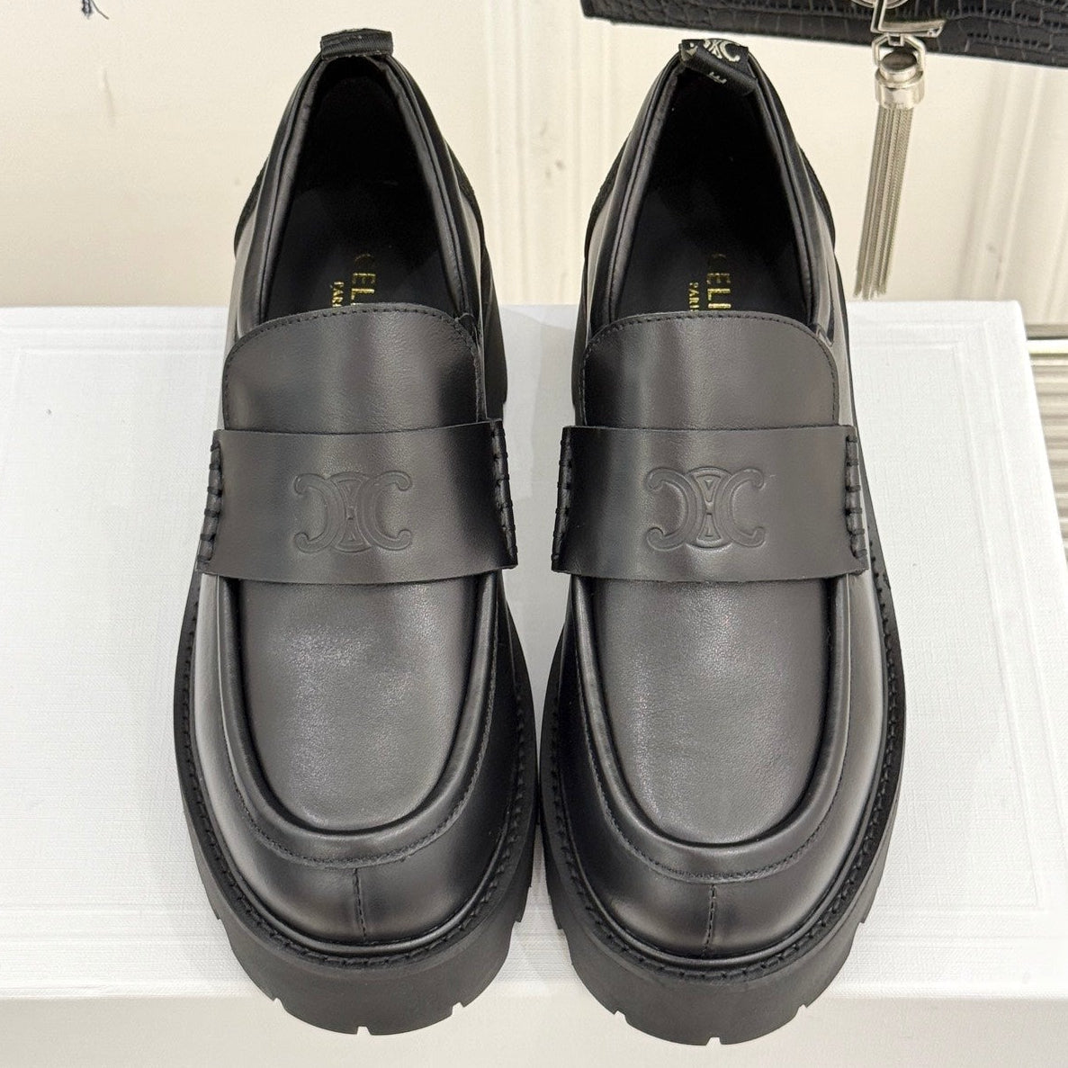 Celine 2026 Arc de Triomphe Platform Loafers Black Sheepskin 474608