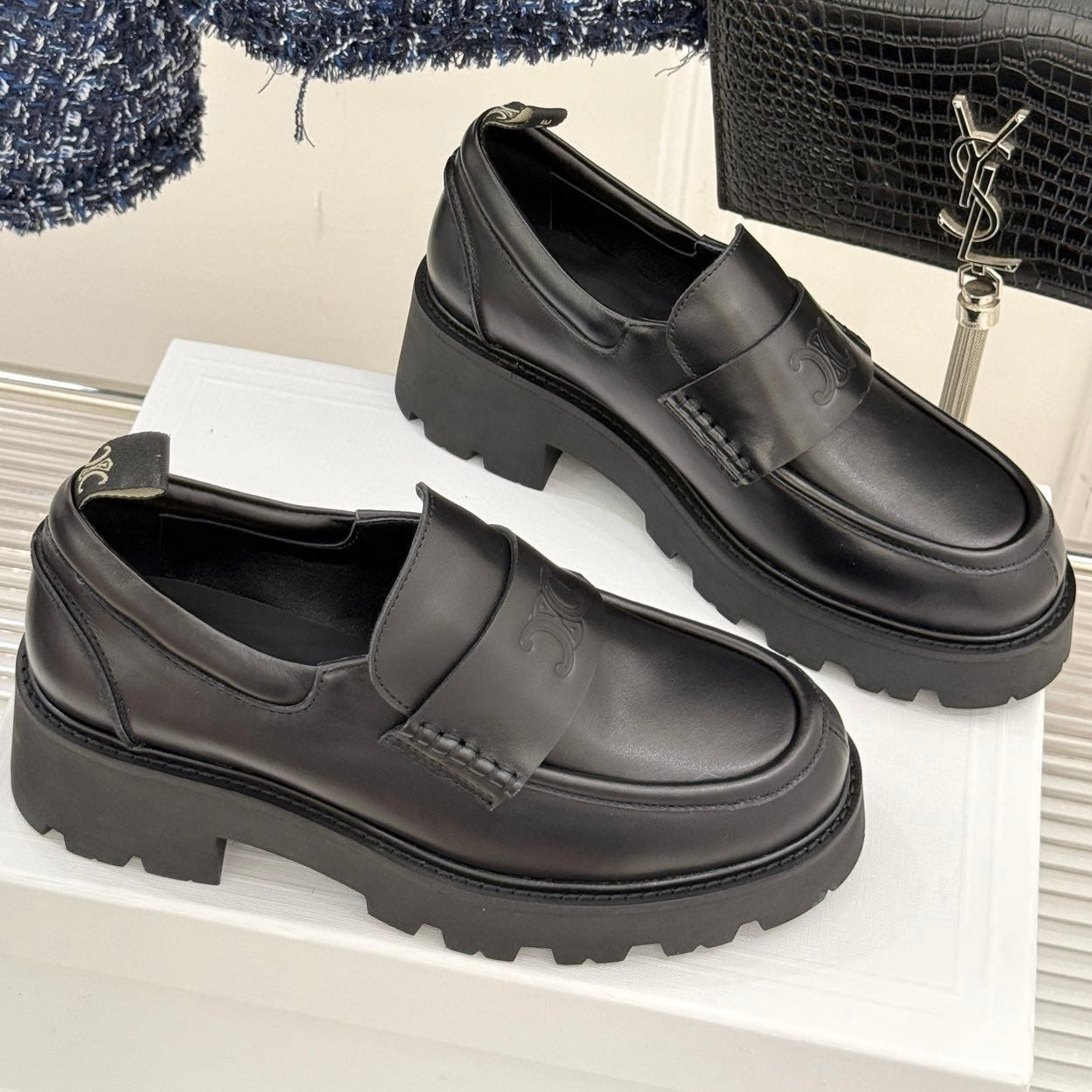 Celine 2026 Arc de Triomphe Platform Loafers Black Sheepskin 474608