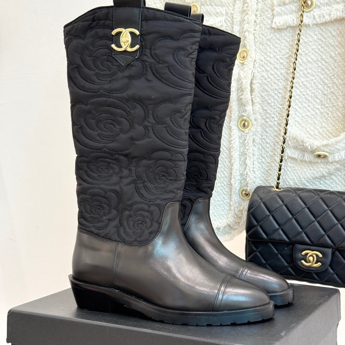 CC cowboy mid-calf boots black sheepskin denim fabric 511980