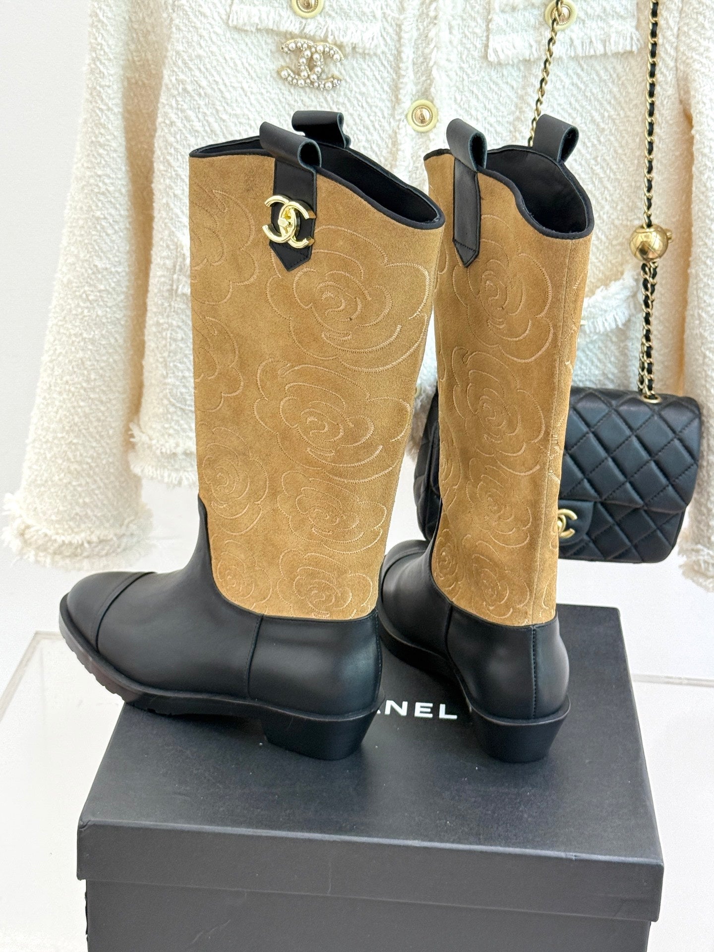 CC cowboy mid-calf boots black brown sheepskin suede 511983