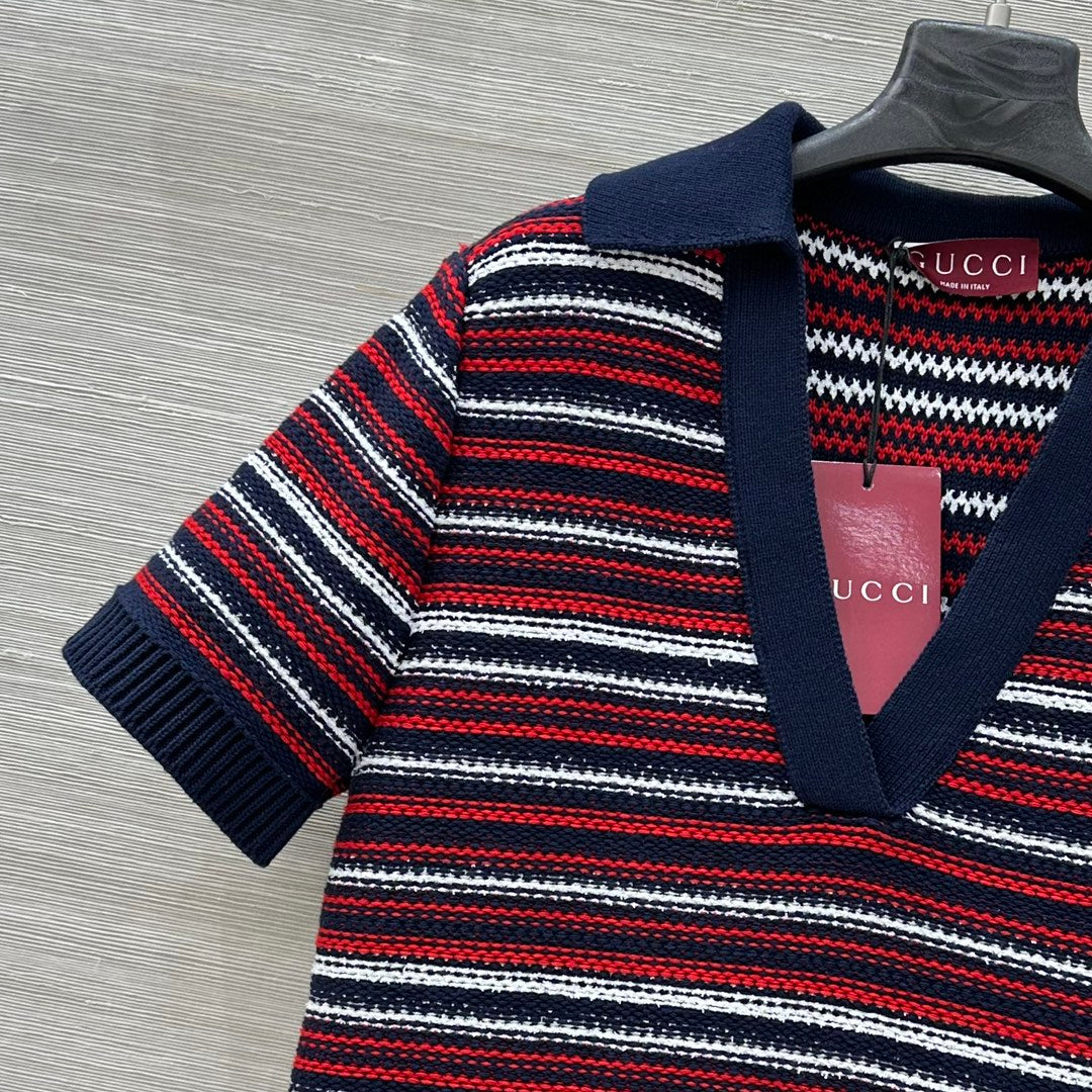 Gucci 25 Knitted V-neck Dress White Red Wool