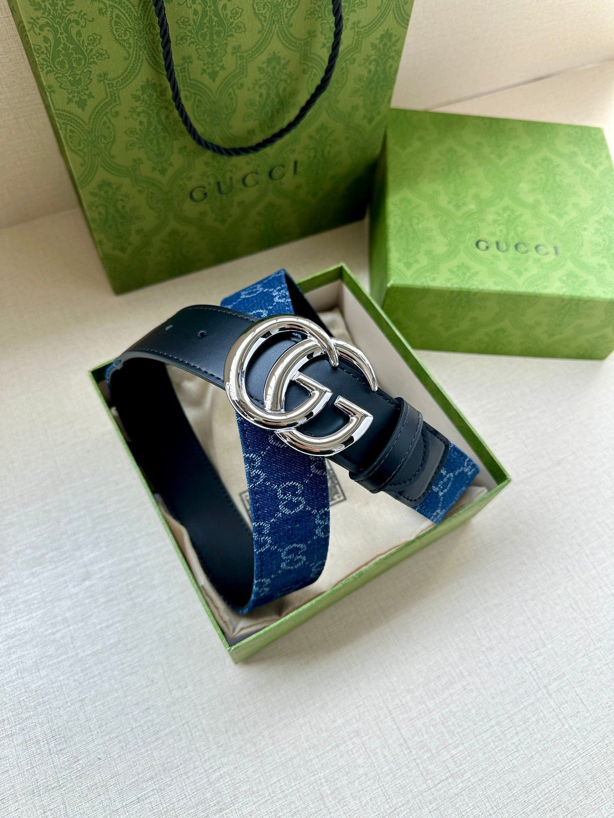 Gucci 2026 GG Marmont Belt 38mm Denim Leather