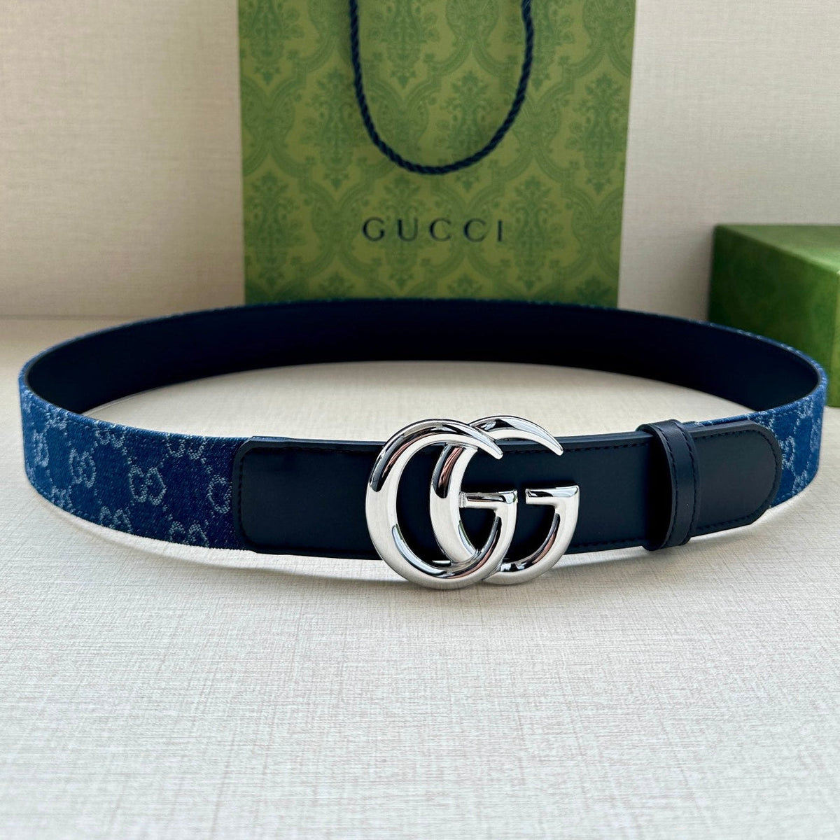 Gucci 2026 GG Marmont Belt 38mm Denim Leather