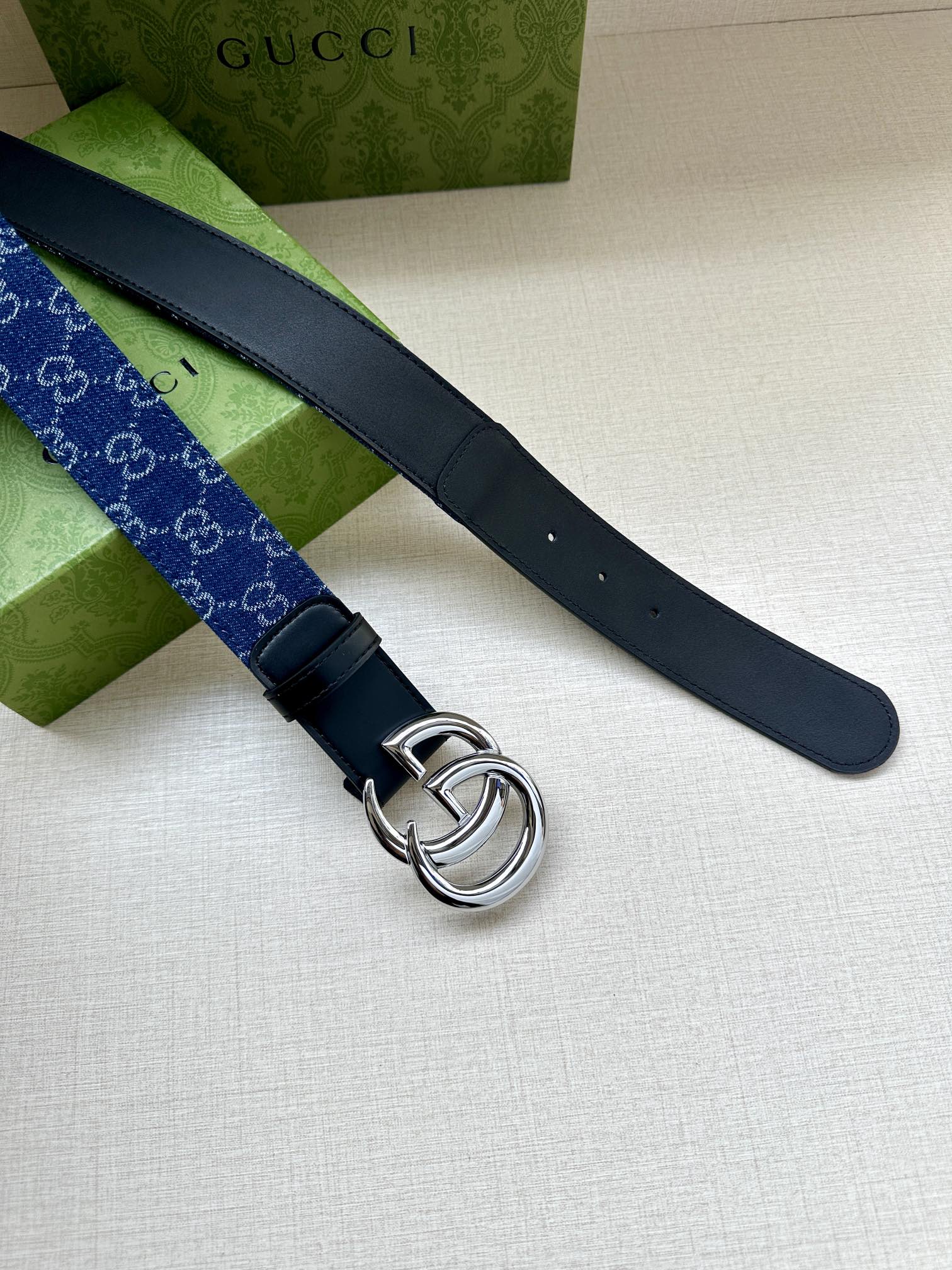 Gucci 2026 GG Marmont Belt 38mm Denim Leather