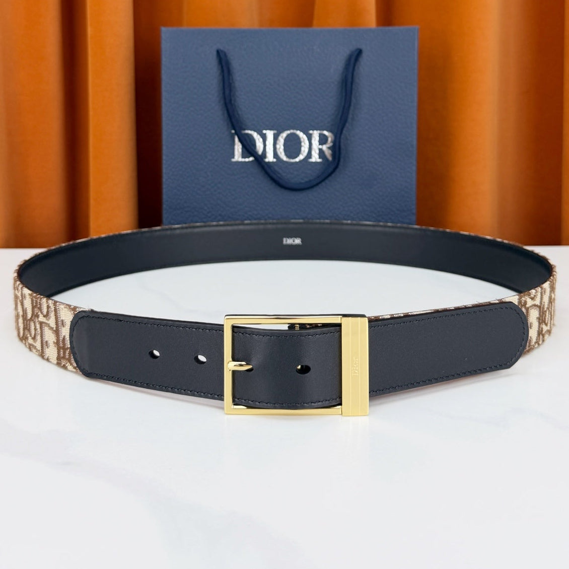 Dior 2026 Oblique Jacquard Reversible Strap Belt 35mm Canvas Leather