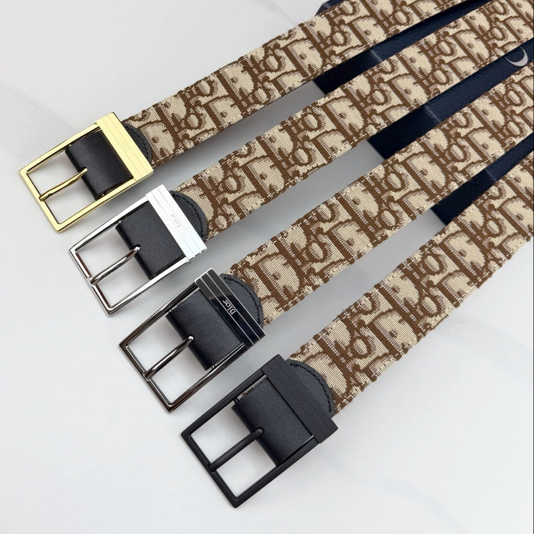 Dior 2026 Oblique Jacquard Reversible Strap Belt 35mm Canvas Leather