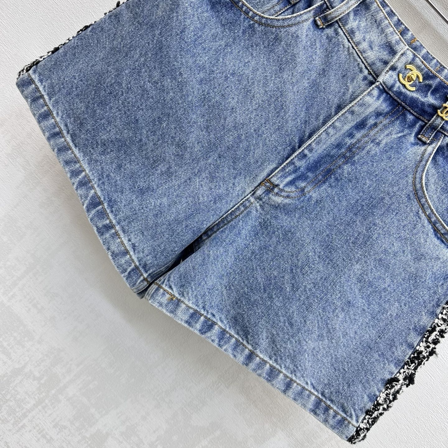 Chanel 2026 Patchwork and Hemmed Denim Shorts Blue Cotton 239252