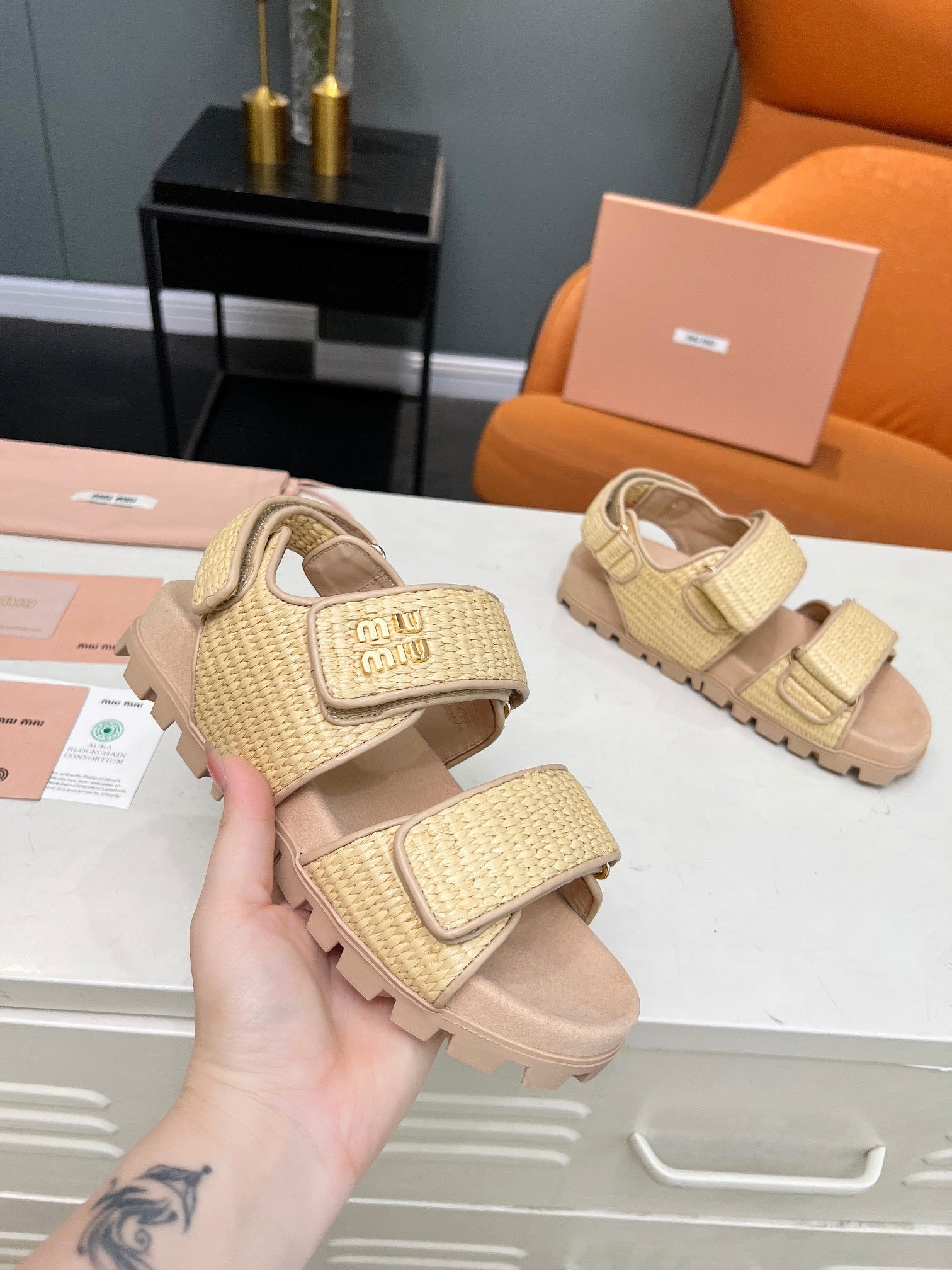 Miumiu 2026 Velcro Sandals Raffia Fiber 935597