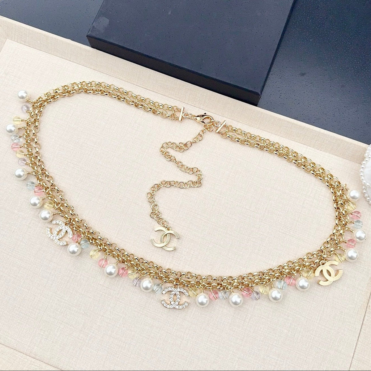 Chanel 2026 Pearl Crystal Charm Layered Chain Belt 208038