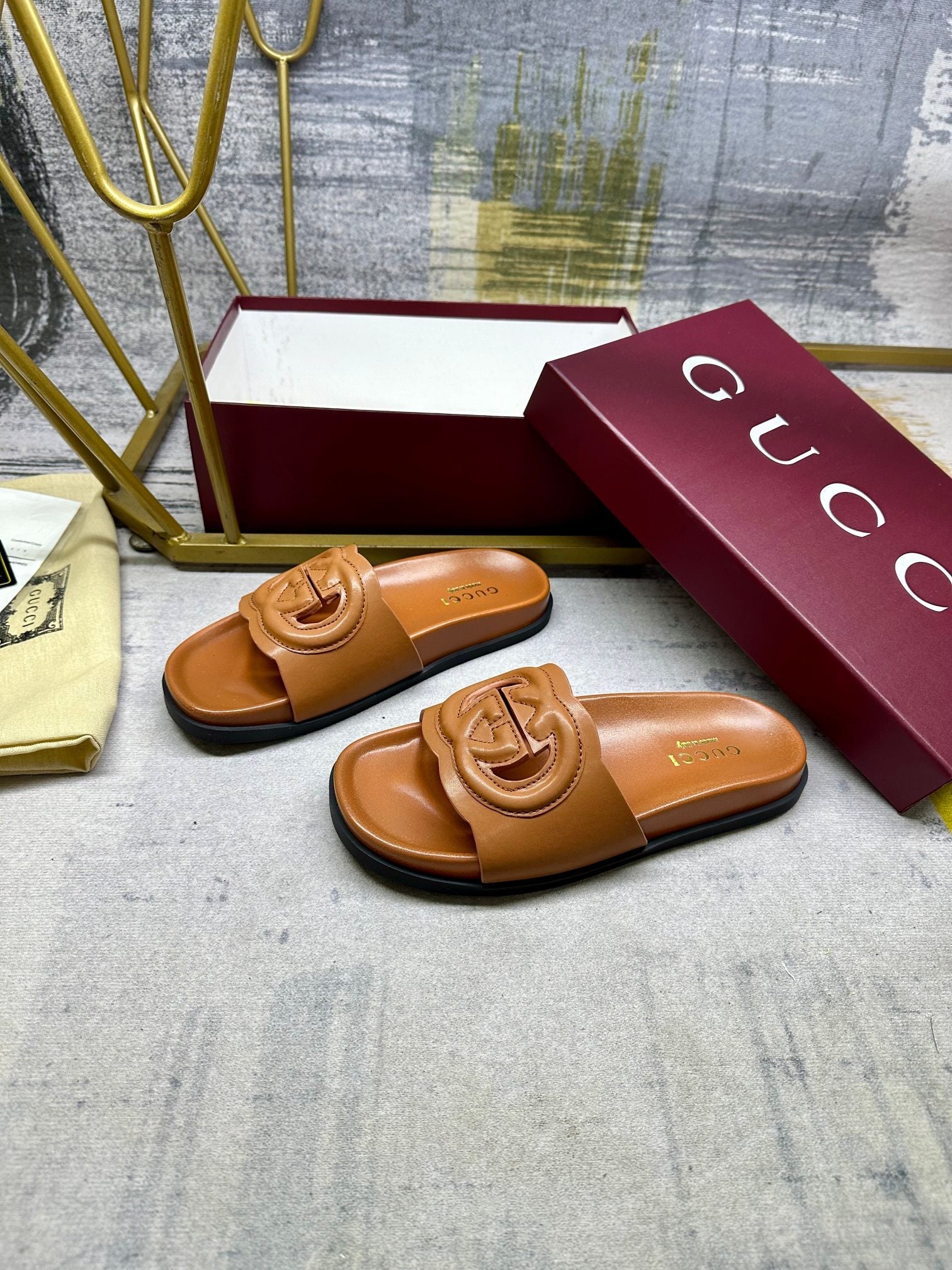 GG Slippers Caramel Brown Leather 235099