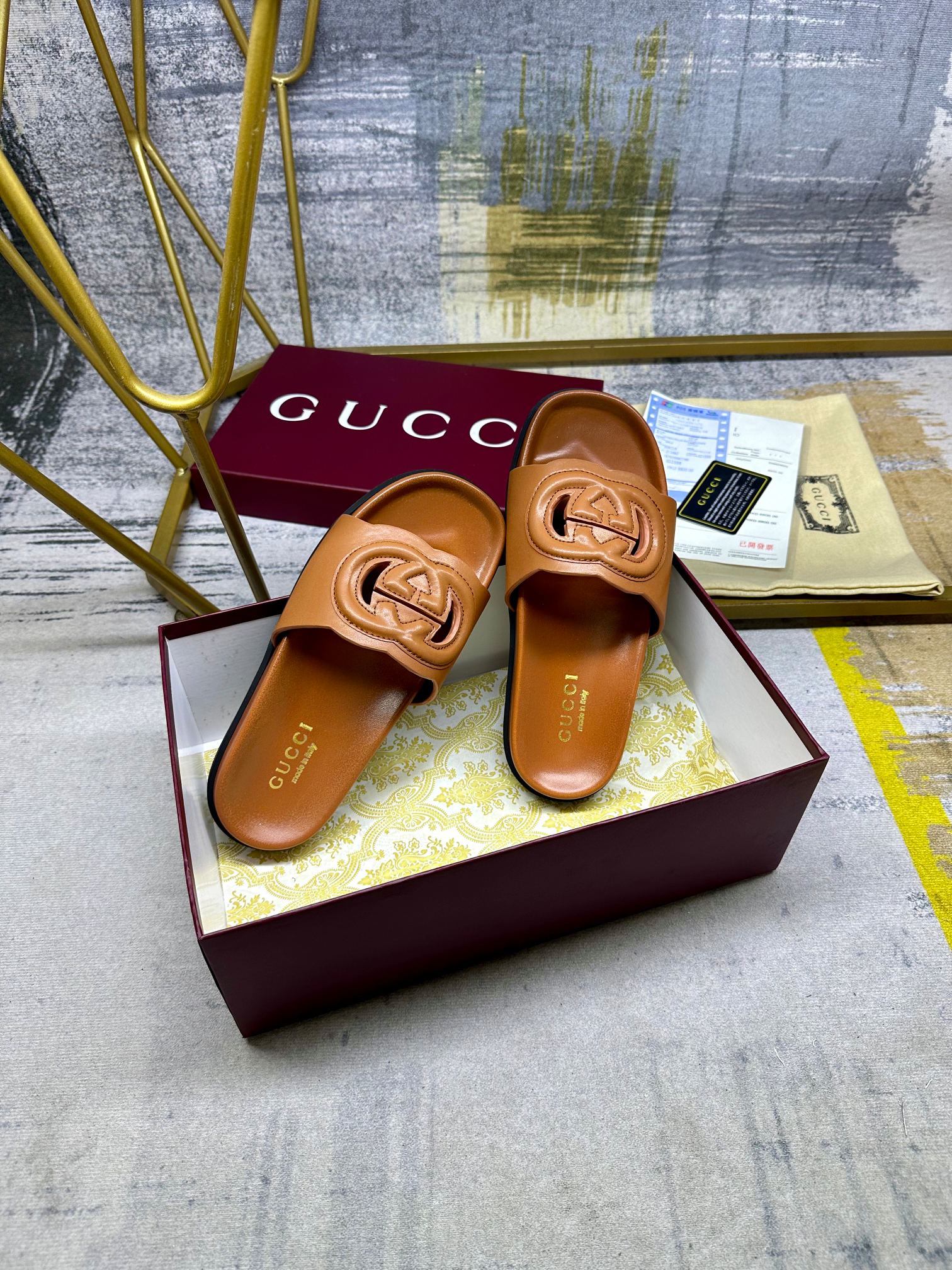 GG Slippers Caramel Brown Leather 235099