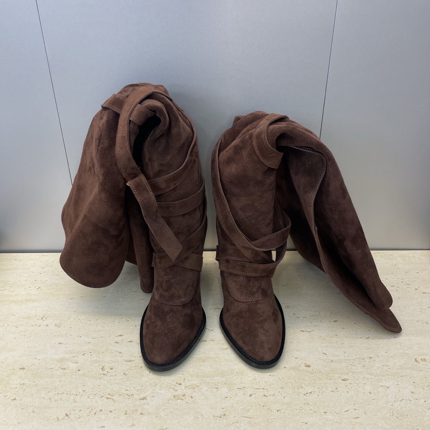 YSL 2025  Chunky Heel Pointed Toe Over-the-Knee Rider Boot Brown Suede 574019