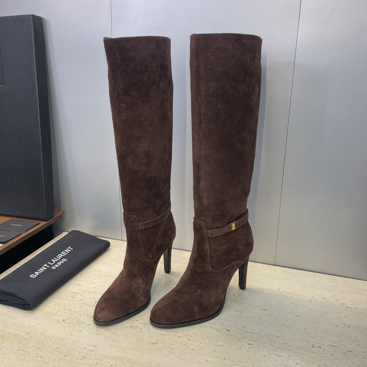 YSL 2025  High-Heeled Pointed-Toe Knee-High Rider Boot Brown Suede 574020