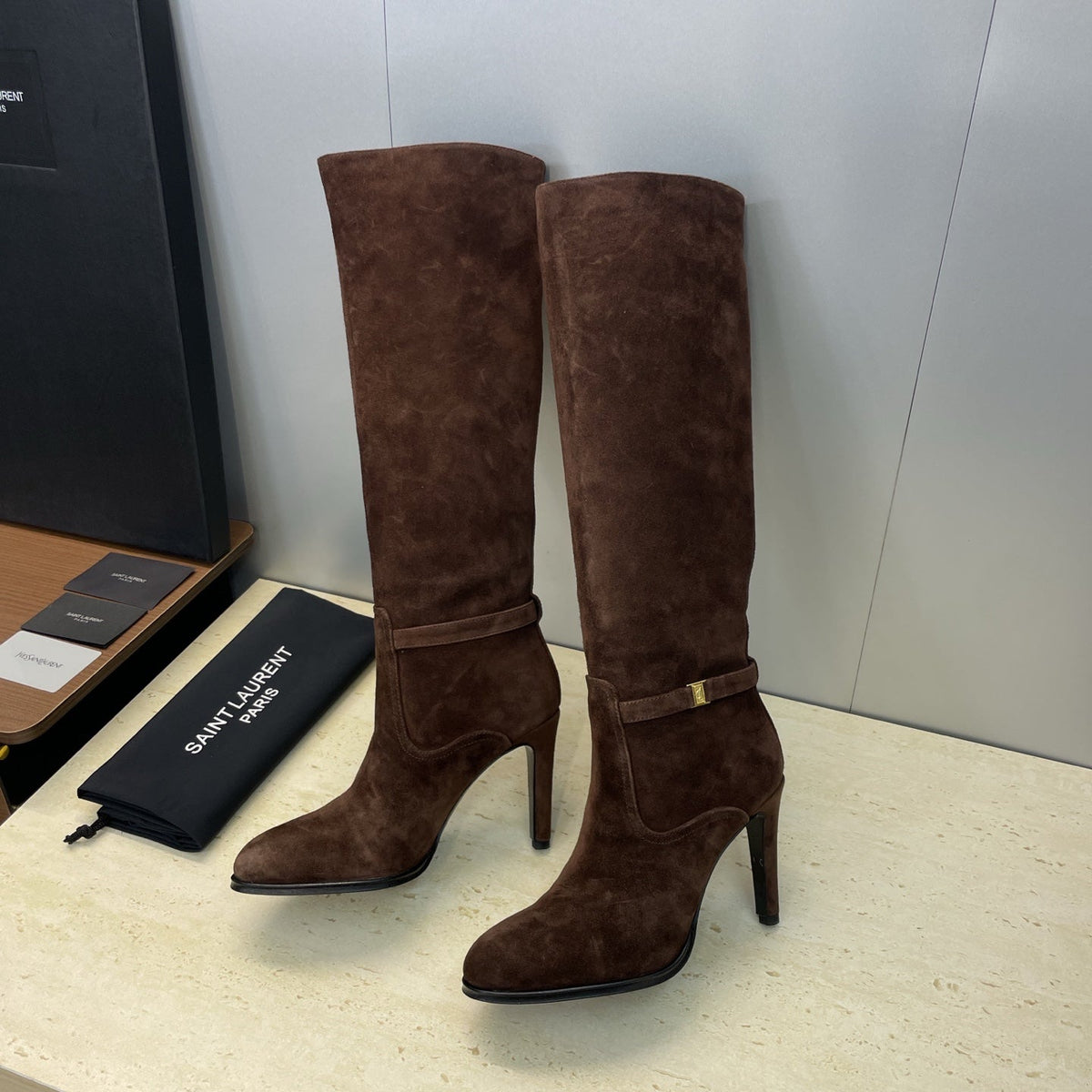 YSL 2025  High-Heeled Pointed-Toe Knee-High Rider Boot Brown Suede 574020