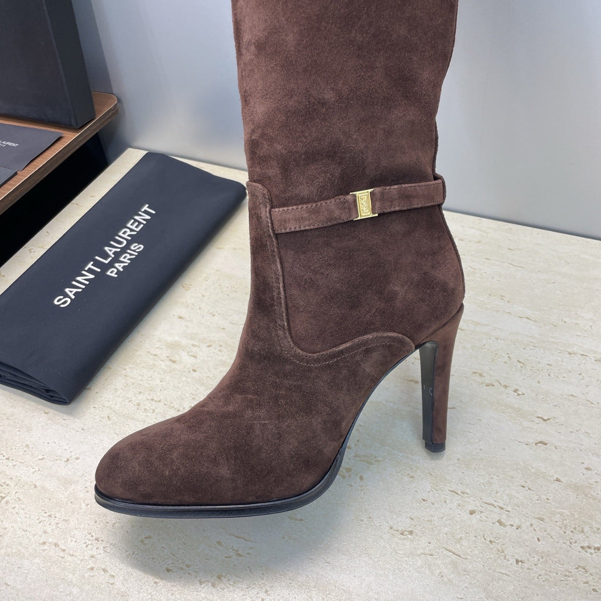 YSL 2025  High-Heeled Pointed-Toe Knee-High Rider Boot Brown Suede 574020