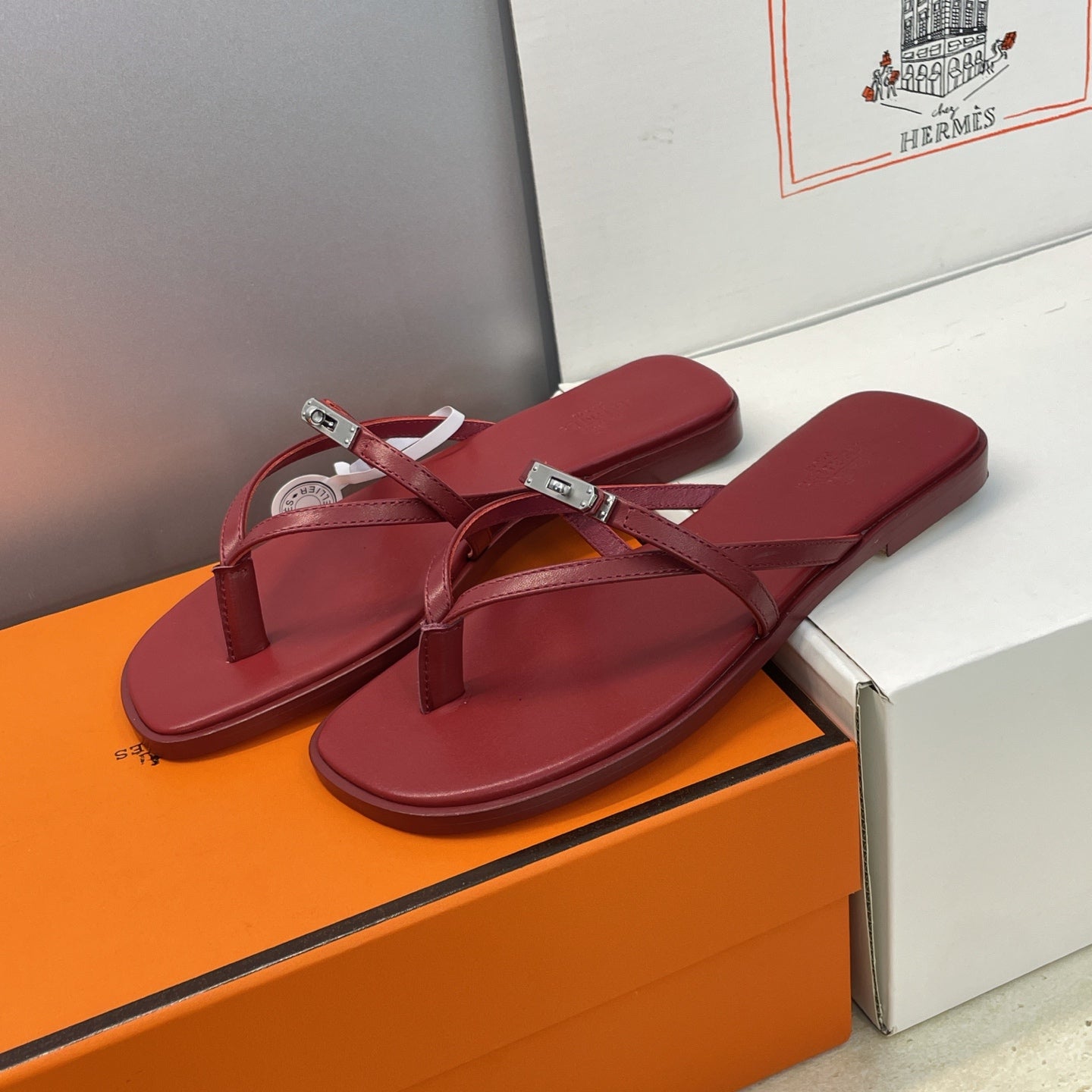 HM 26ss Kelly Sliver Buckle Slipper Dark Red Calfskin 607157