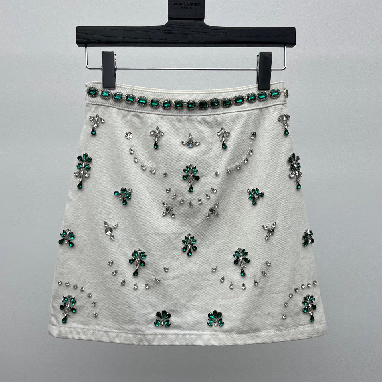 Miumiu 2026 Emerald-studded Midi Skirt White Green Cotton