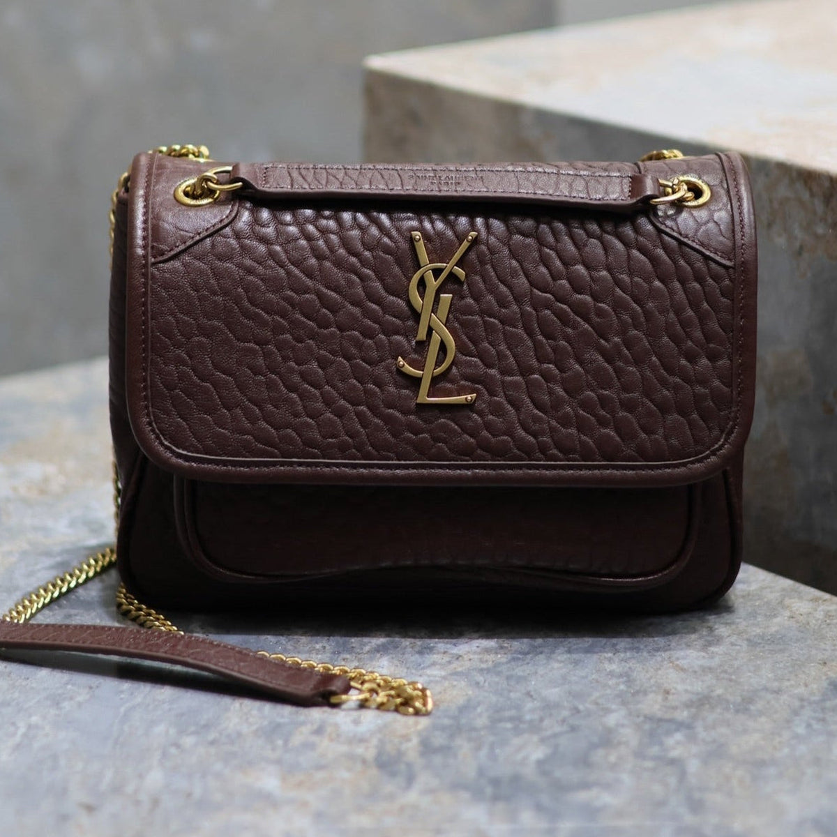YSL Niki Chain Satchel Bag 22cm Brown Lambskin