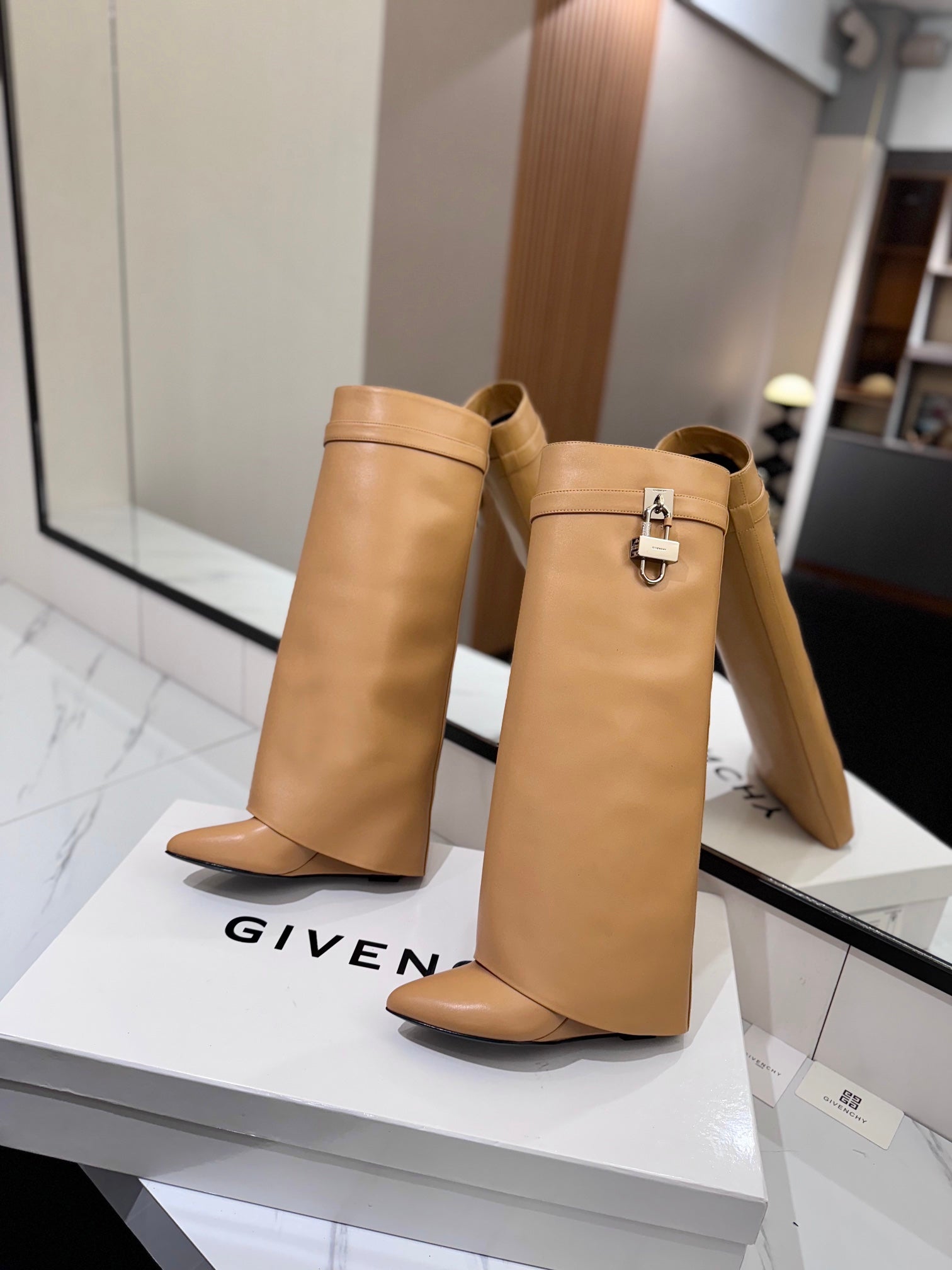 Givenchy 2025 Shark Lock High Boot Beige Calfskin