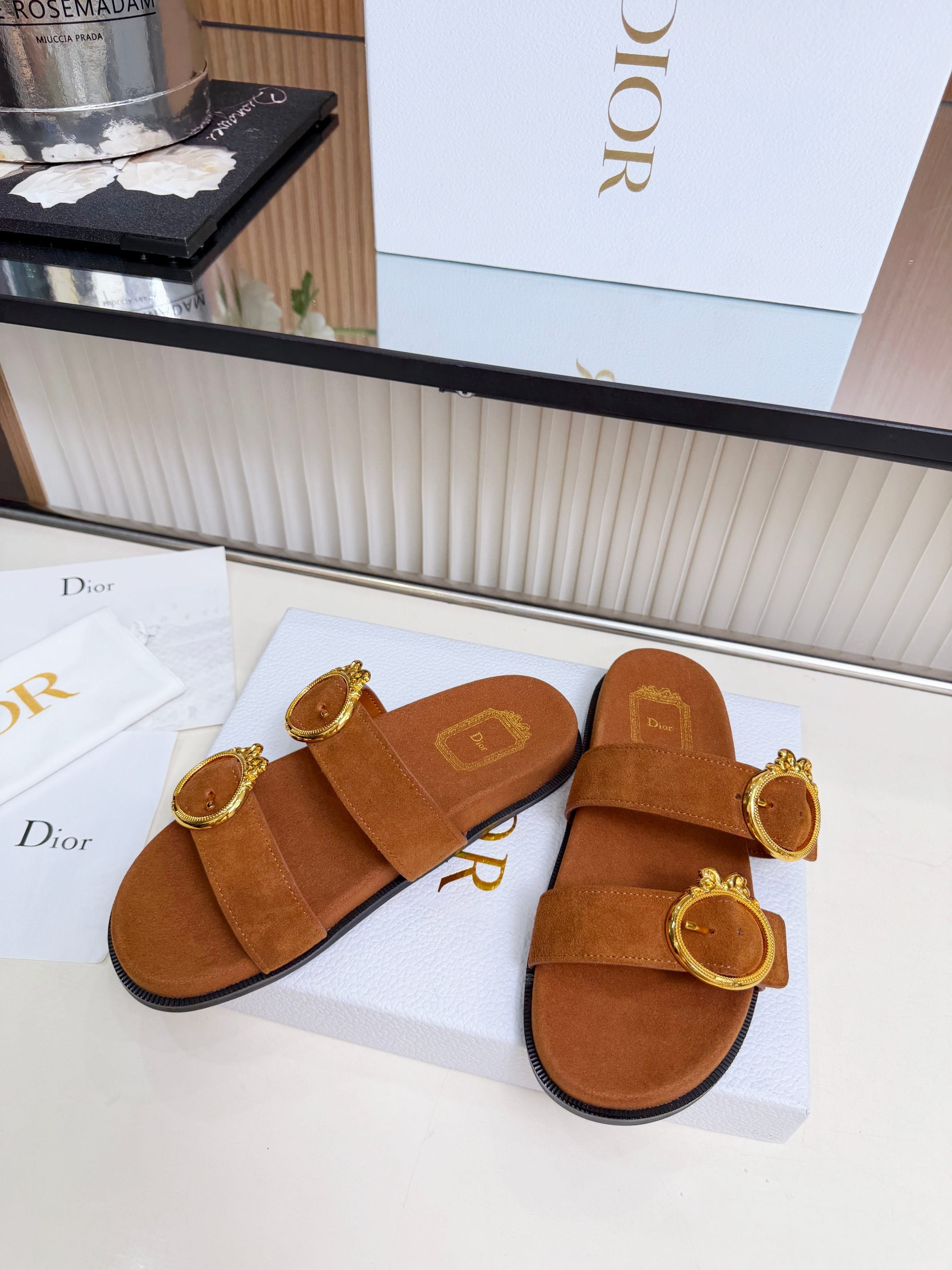 Dior 2026 Medaillon Buckle Slide Brown Suede 981761