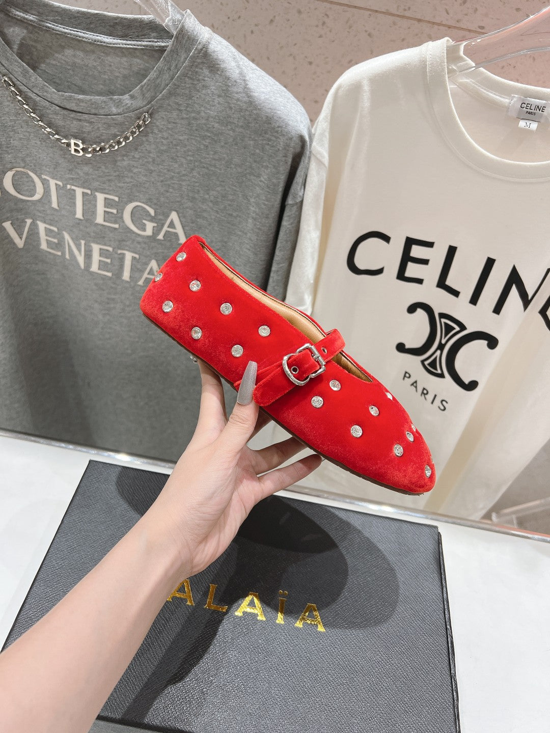 Alaila Ballet Flats In Red Velvet With Rhinestones 971994