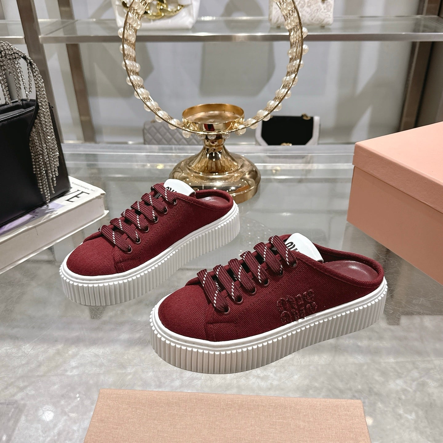 Miu 25C Sneaker Mules Maroon Red Demin Fabric 235318