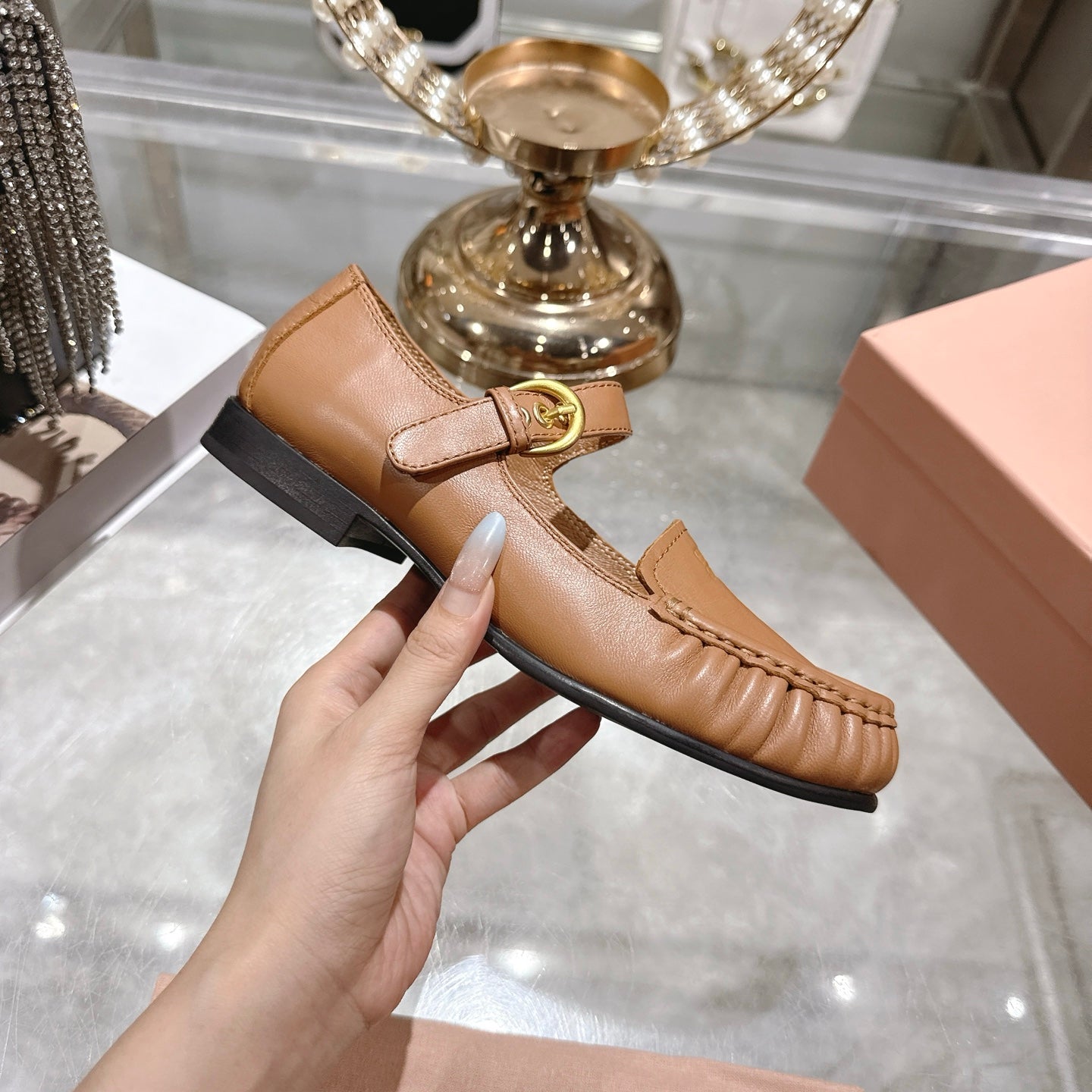 Miu Mary Jane Ballet Flats Camel Brown Calfskin 592045