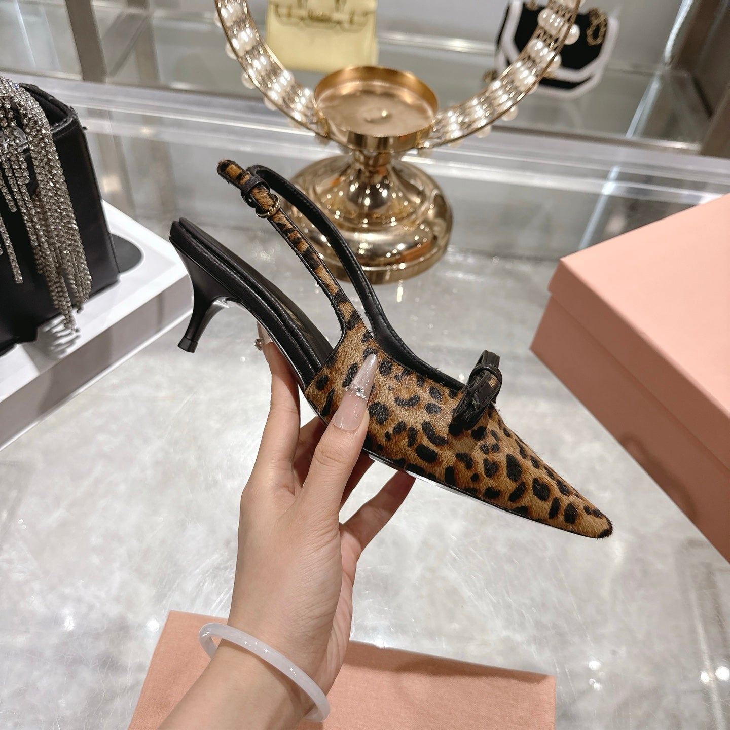 Miu 26 High Heel Slingback 45 Leopard Print Suede Leather 592093