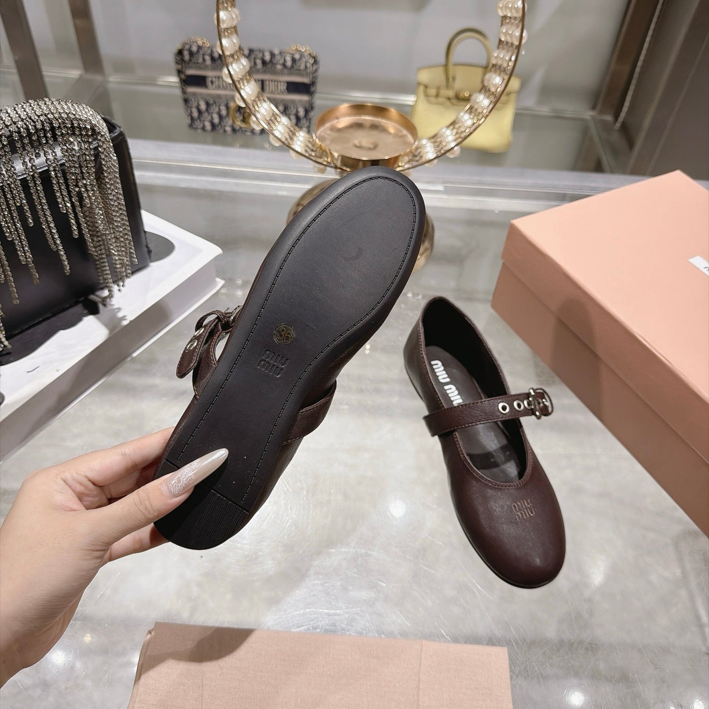 Miu Miu 2026 Round-Toe Ballet Flats Dark Brown Sheepskin 999627