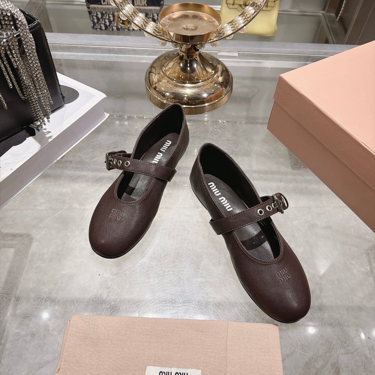 Miu Miu 2026 Round-Toe Ballet Flats Dark Brown Sheepskin 999627