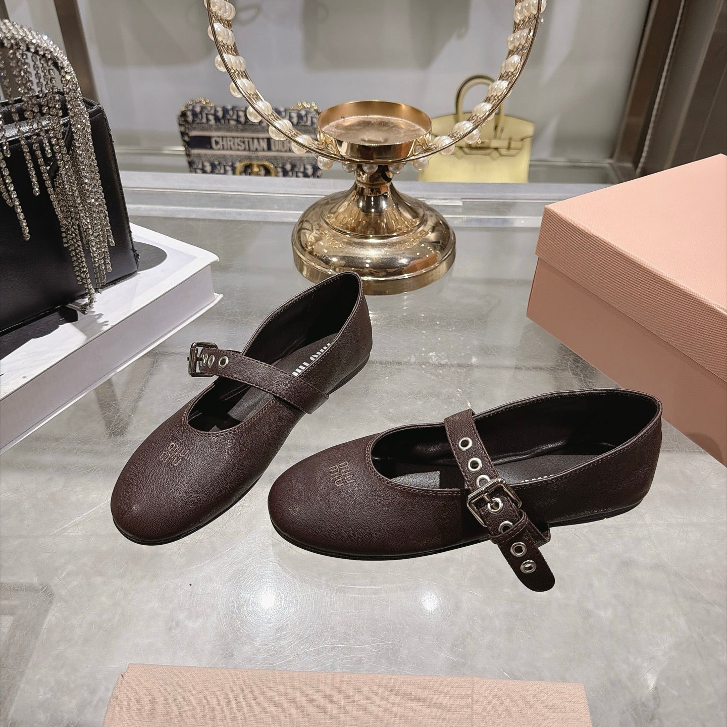 Miu Miu 2026 Round-Toe Ballet Flats Dark Brown Sheepskin 999627