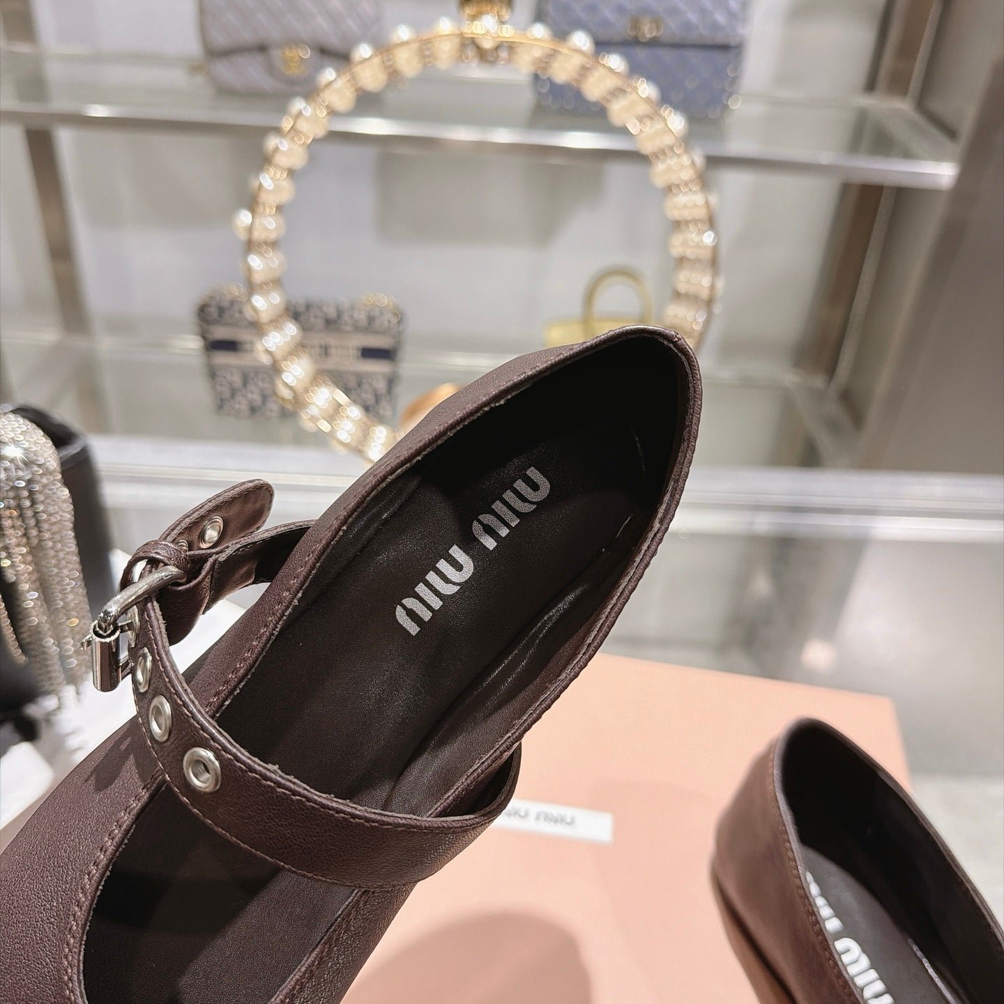 Miu Miu 2026 Round-Toe Ballet Flats Dark Brown Sheepskin 999627