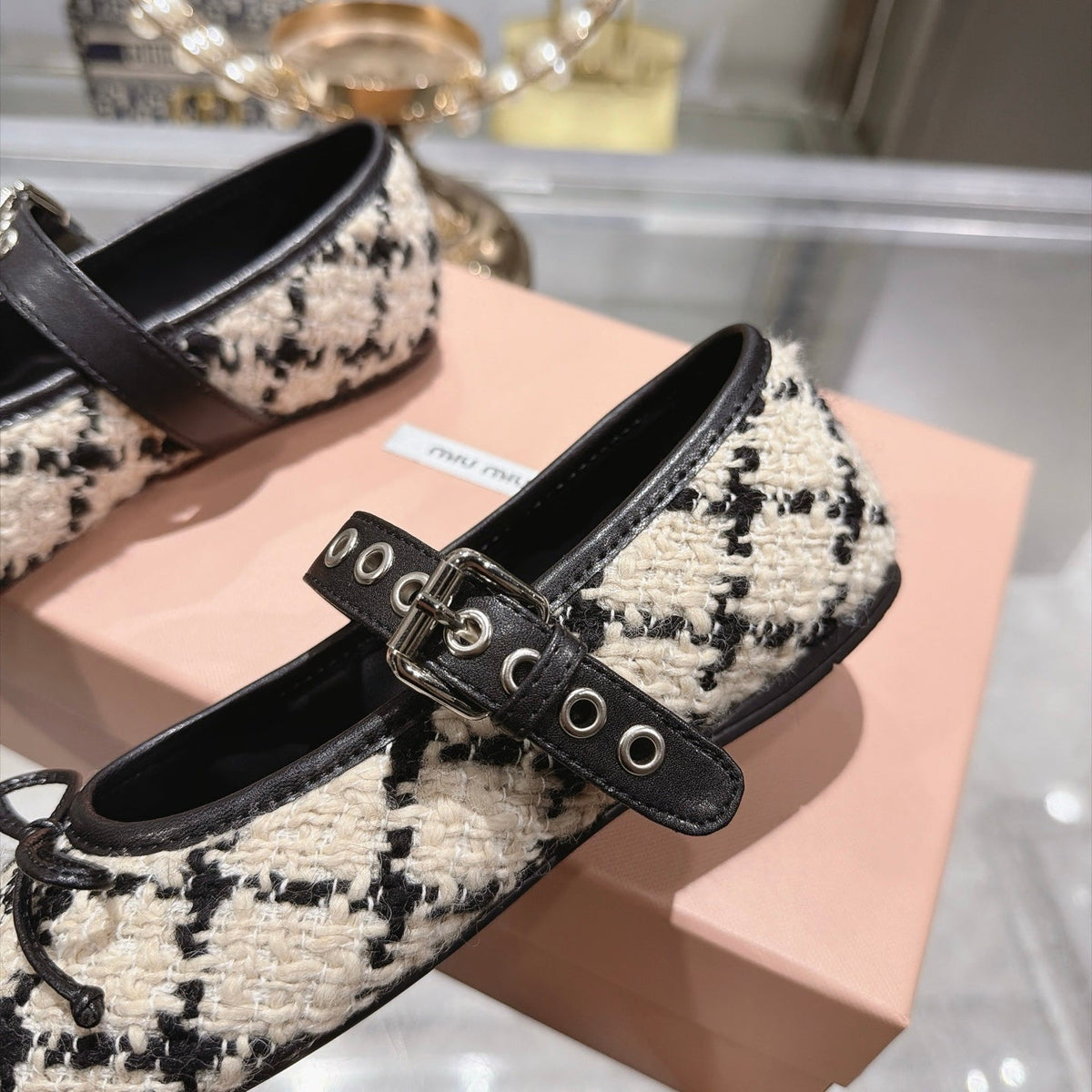 Miu Miu 2026 Bouclé Check Ballet Flats Tweed Leather 999630