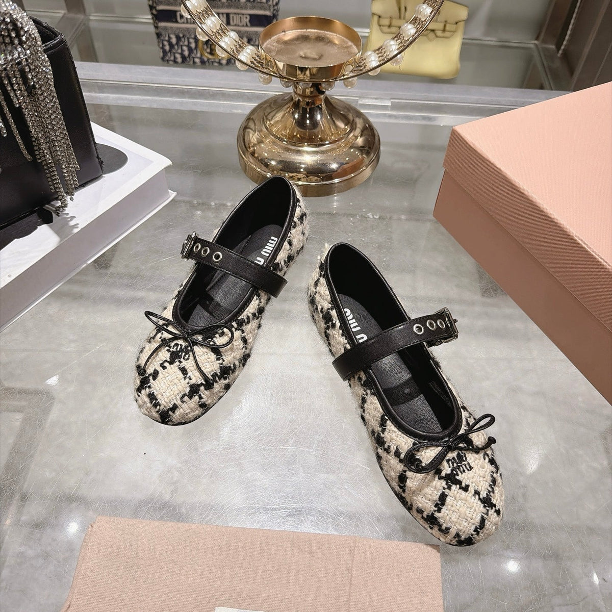 Miu Miu 2026 Bouclé Check Ballet Flats Tweed Leather 999630