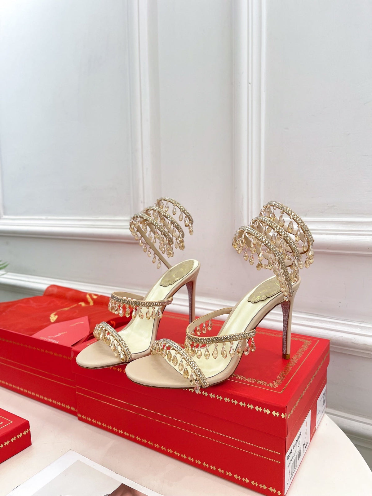 RC 25 Crystal Tassel High-Heeled Sandals Pink Nude Silk Crystal Diamond 251008