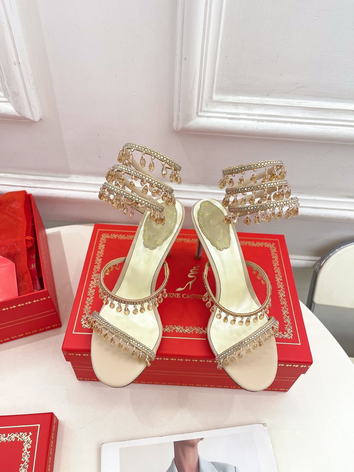 RC 25 Crystal Tassel High-Heeled Sandals Pink Nude Silk Crystal Diamond 251008